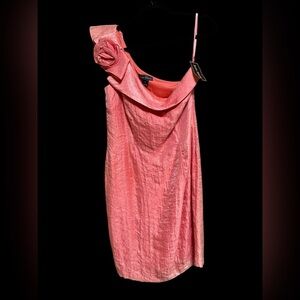 Jessica Howard Dress Womens 12 Coral Hammered Satin Rosette One Shoulder NWT